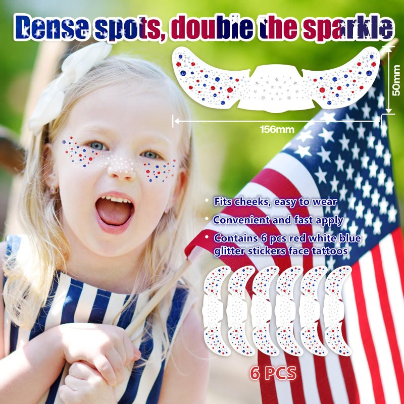 Go Ho Patriotic Red White and Blue Glitter Freckles Face Tattoo,4th of July Freckles Sparkle,4th of July Outfits for Women Kids,Fourth of July Glitter Stickers on Independence Day,6 Pcs - Image 3